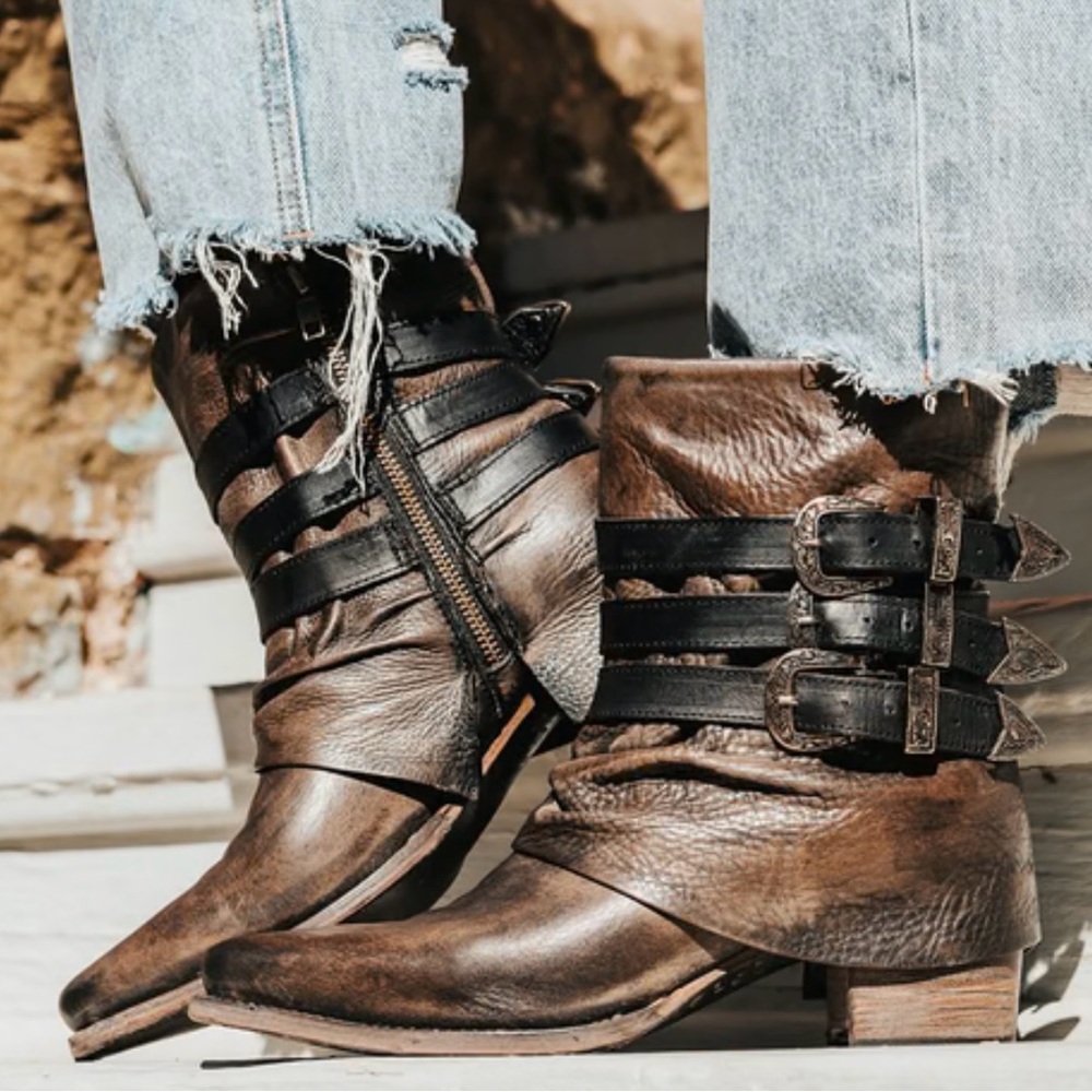 Freebird Brown Combat Moto Boots with Buckle Straps